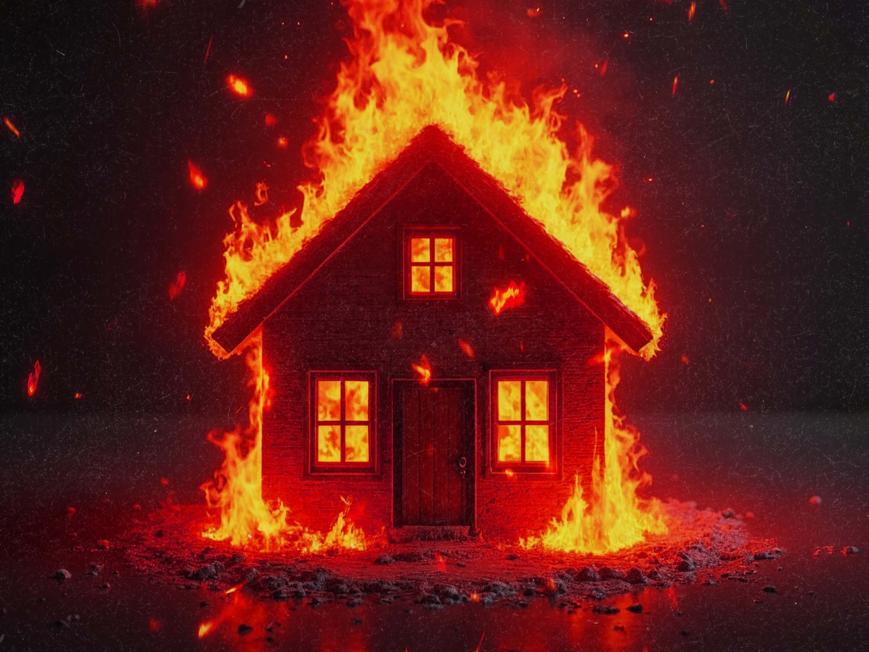 A 3d graphic of a house on fire